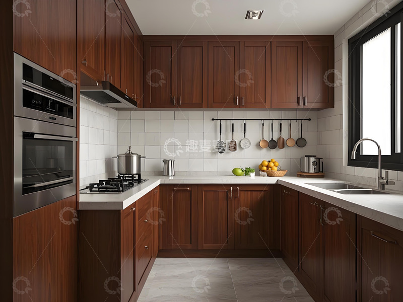 高清大图下载【趣麦麦图】深木色现代嵌入式电器厨房