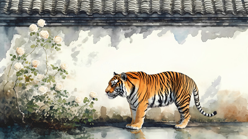 高清大图下载【趣麦麦图】墙下的老虎手绘插画背景图