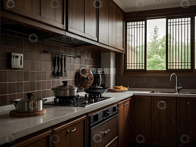 高清大图下载【趣麦麦图】深木色传统厨具悬挂式厨房