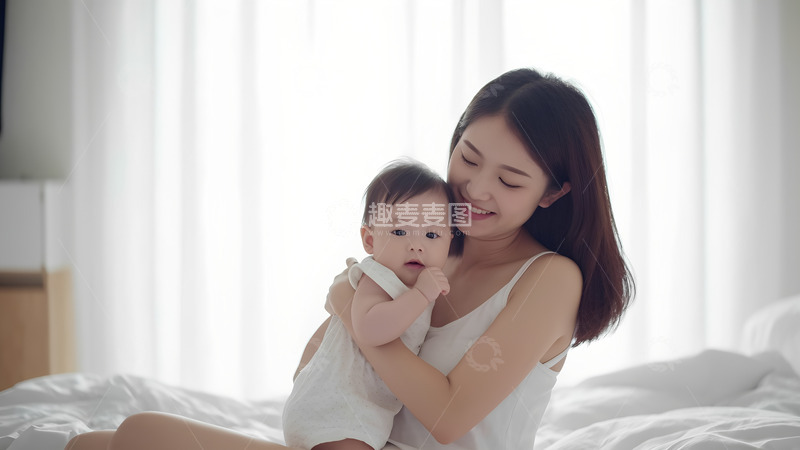 高清大图下载【趣麦麦图】母亲节妈妈抱着孩子坐在床上人像摄影1