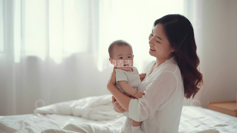 高清大图下载【趣麦麦图】母亲节妈妈抱着孩子坐在床上人像摄影2