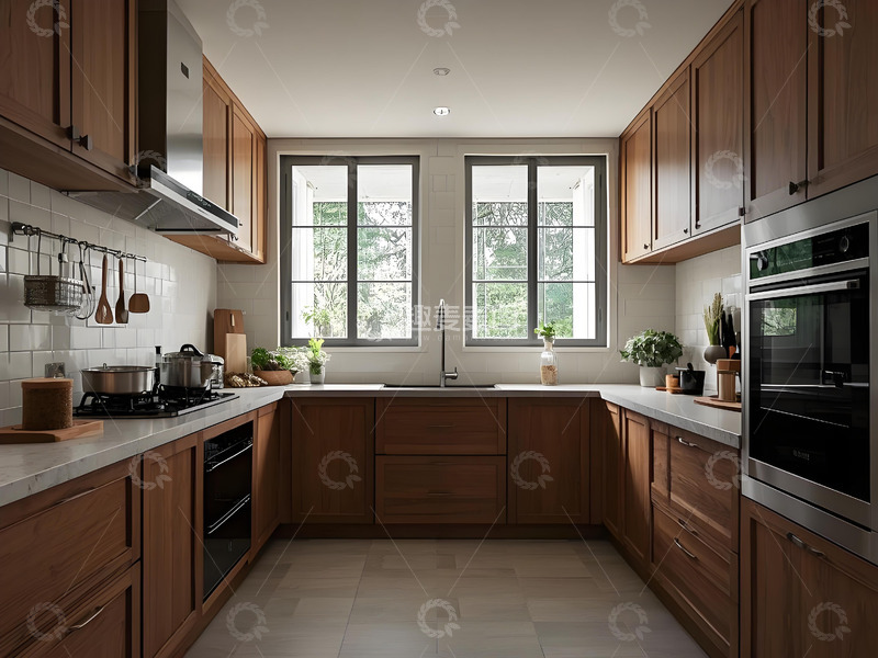 高清大图下载【趣麦麦图】深木色传统布局功能厨房
