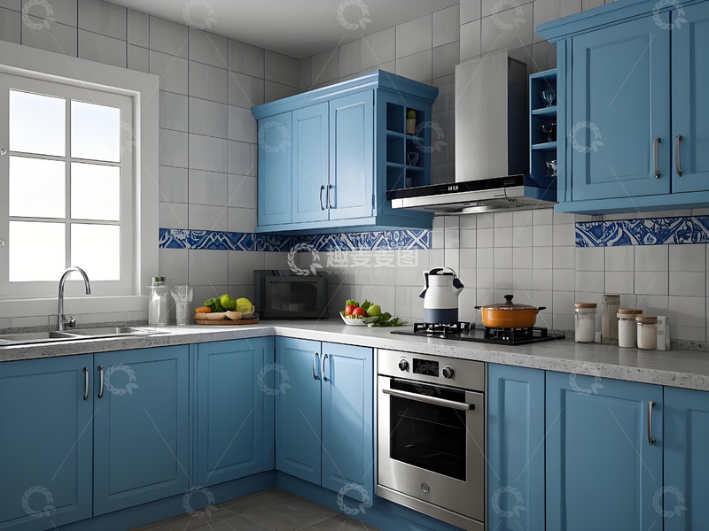 高清大图下载【趣麦麦图】蓝色系复古地砖厨房空间