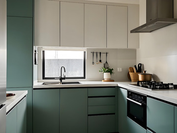 蓝绿色现代简约嵌入式电器厨房