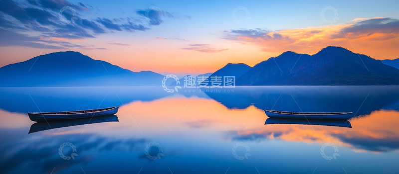高清大图下载【趣麦麦图】小船夕阳湖泊