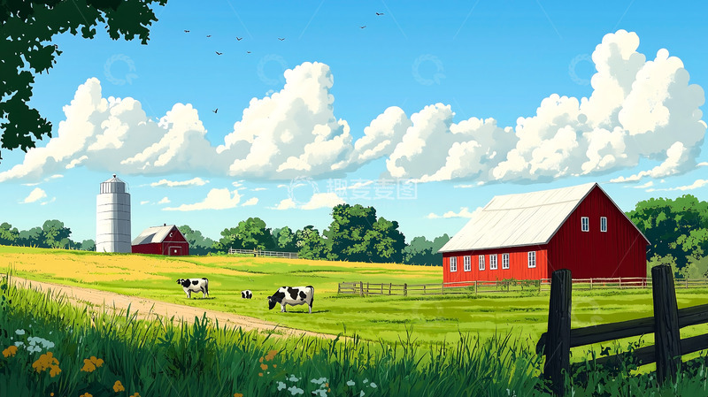 高清大图下载【趣麦麦图】卡通牧场奶牛插画