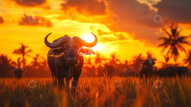 高清大图下载【趣麦麦图】夕阳田野水牛