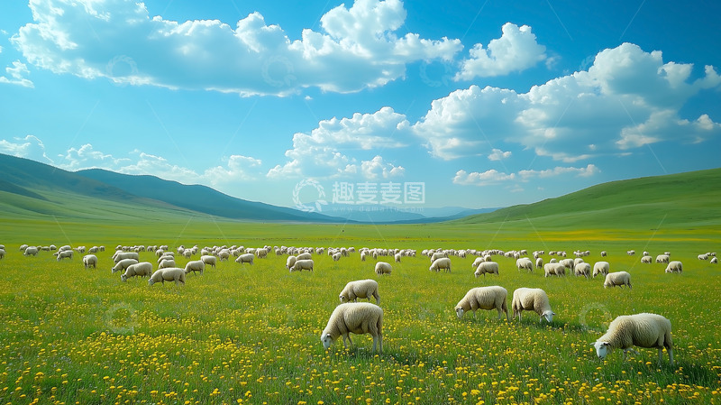 高清大图下载【趣麦麦图】羊群平原蓝天白云
