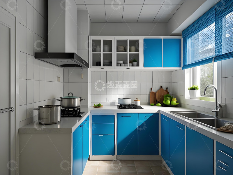 高清大图下载【趣麦麦图】蓝色清新现代风格厨房