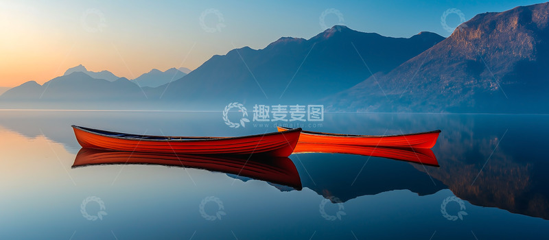 高清大图下载【趣麦麦图】湖泊夕阳小船