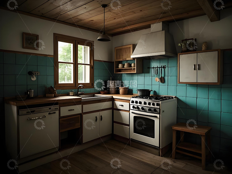 高清大图下载【趣麦麦图】复古绿墙特色厨房空间