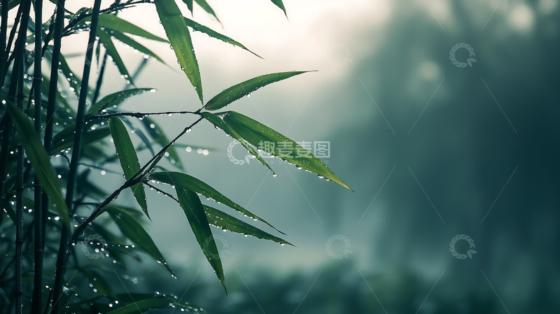 高清大图下载【趣麦麦图】竹林竹叶水滴