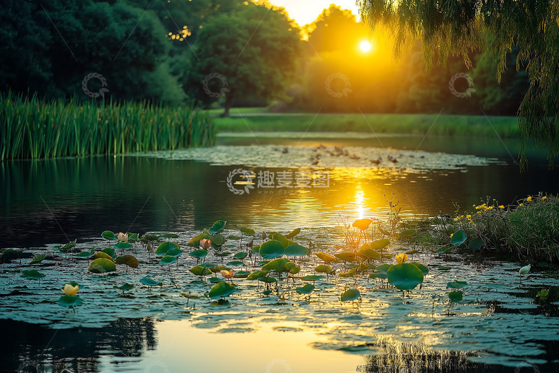 高清大图下载【趣麦麦图】水池池塘水草睡莲夕阳
