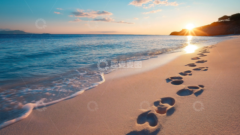 高清大图下载【趣麦麦图】沙滩足迹蓝天白云海滩海景