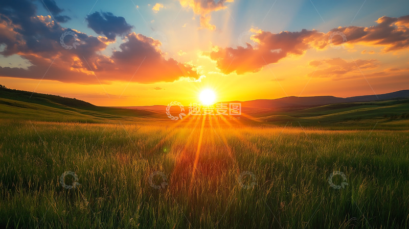 高清大图下载【趣麦麦图】平原夕阳草原