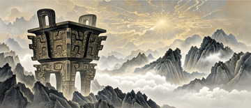 云雾中青铜鼎插画素材