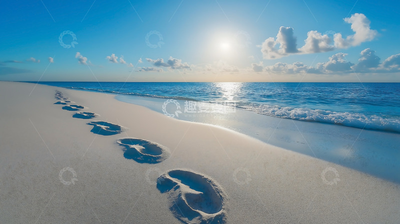 高清大图下载【趣麦麦图】沙滩足迹海景蓝天白云海滩