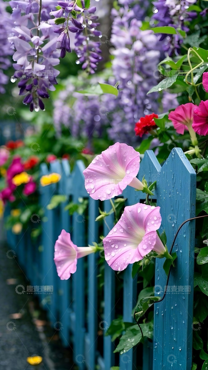 高清大图下载【趣麦麦图】春雨中的喇叭花