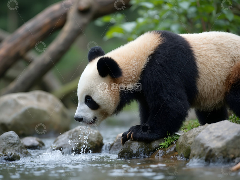 高清大图下载【趣麦麦图】喝水的大熊猫