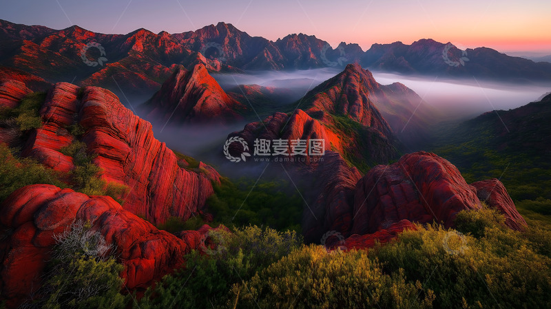 高清大图下载【趣麦麦图】红色丹霞地貌日出晨曦景观 