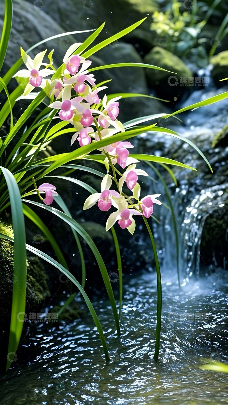 高清大图下载【趣麦麦图】-溪边的春日石斛兰