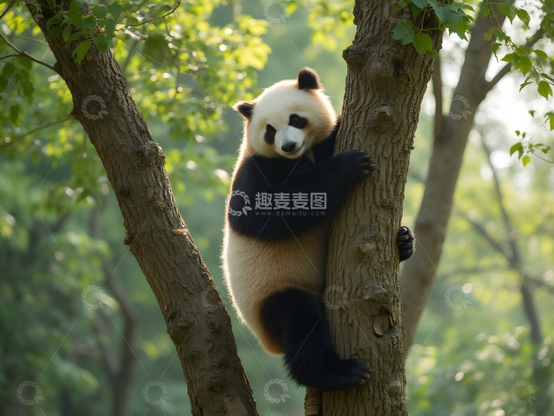 高清大图下载【趣麦麦图】爬树的大熊猫 