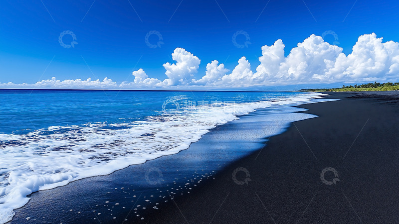 高清大图下载【趣麦麦图】海景蓝天白云黑沙滩海滩