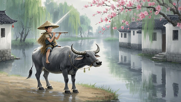 清明节牧童水牛背景图