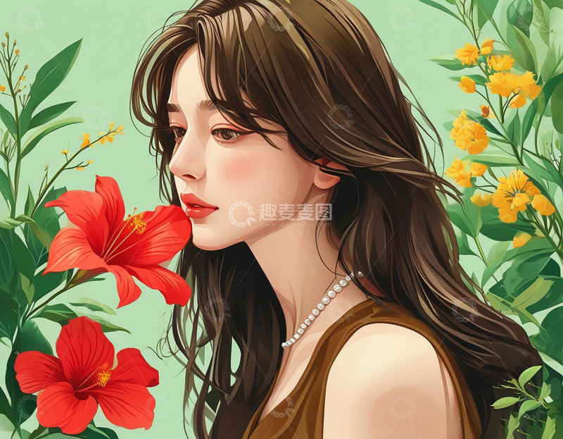 高清大图下载【趣麦麦图】时尚女孩鲜花背景1