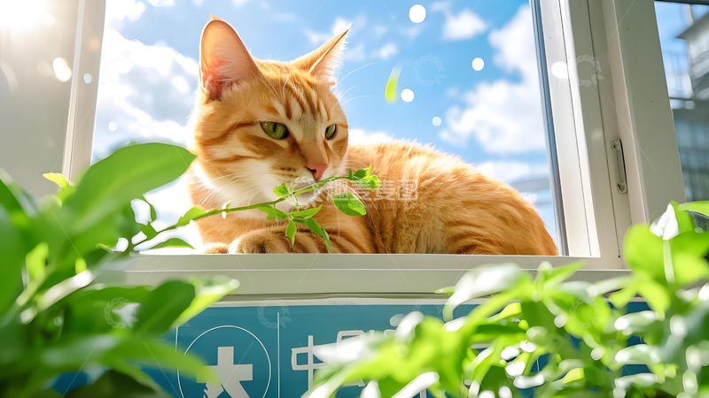 高清大图下载【趣麦麦图】橘猫窗边绿植环绕画面