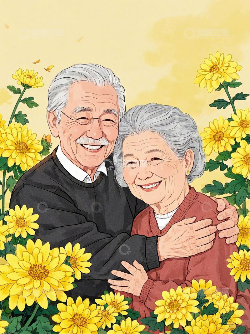 高清大图下载【趣麦麦图】国潮插画老年夫妇爸爸妈妈6
