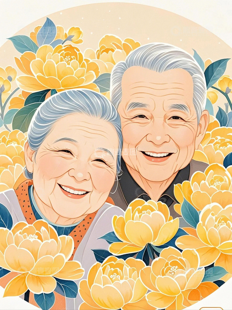 高清大图下载【趣麦麦图】国潮插画老年夫妇爸爸妈妈