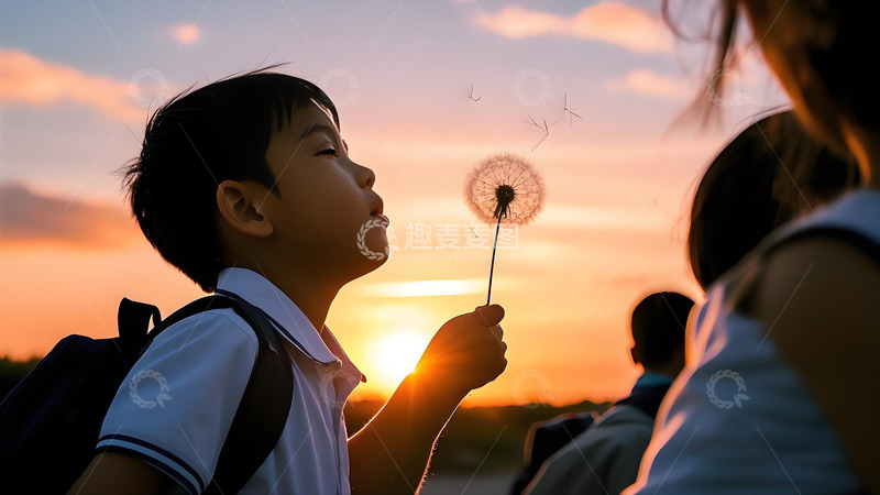 高清大图下载【趣麦麦图】夕阳下小孩吹蒲公英画面