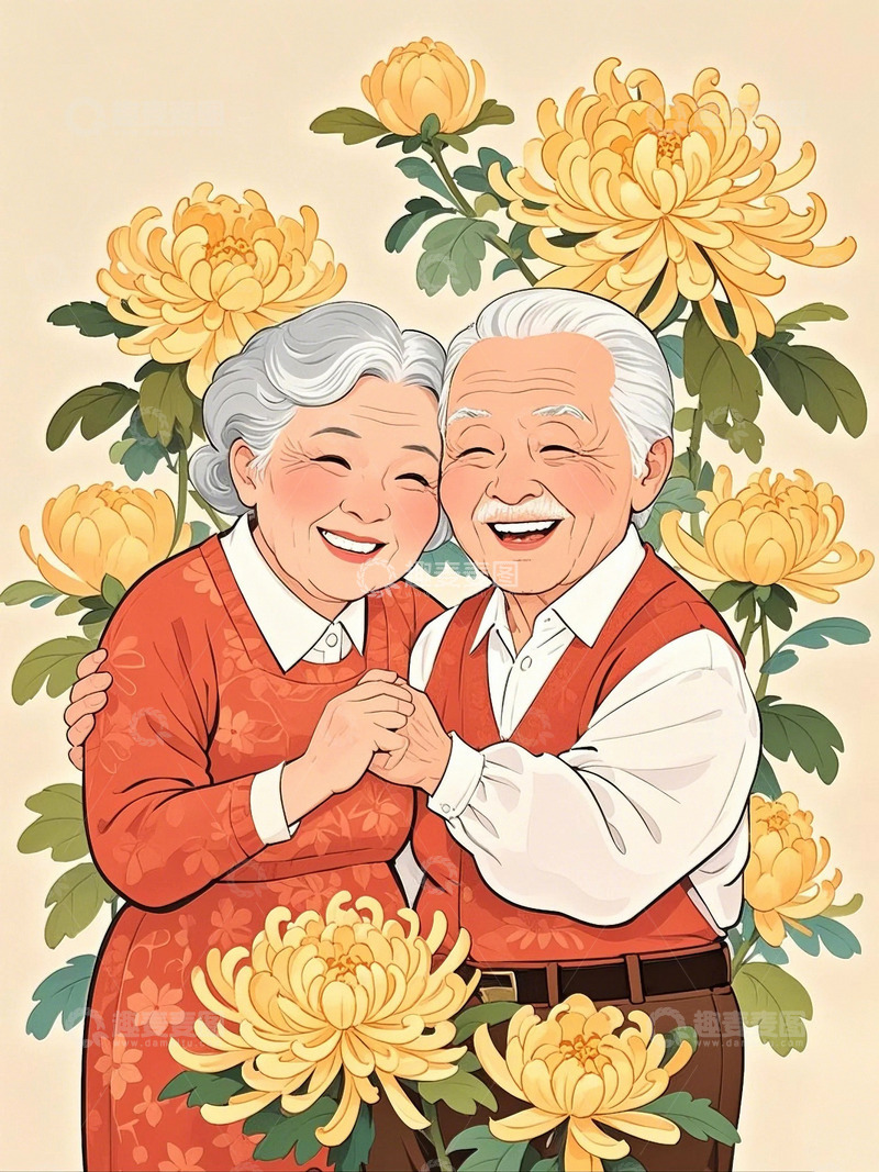 高清大图下载【趣麦麦图】国潮插画老年夫妇爸爸妈妈11