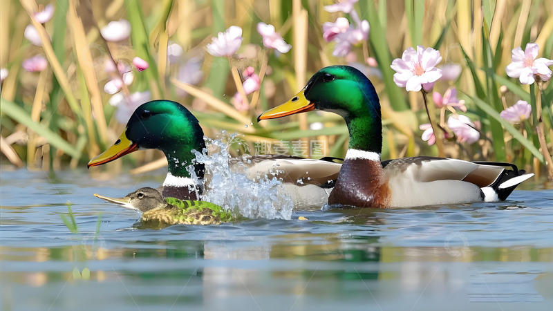 高清大图下载【趣麦麦图】水中鸭子嬉戏画面