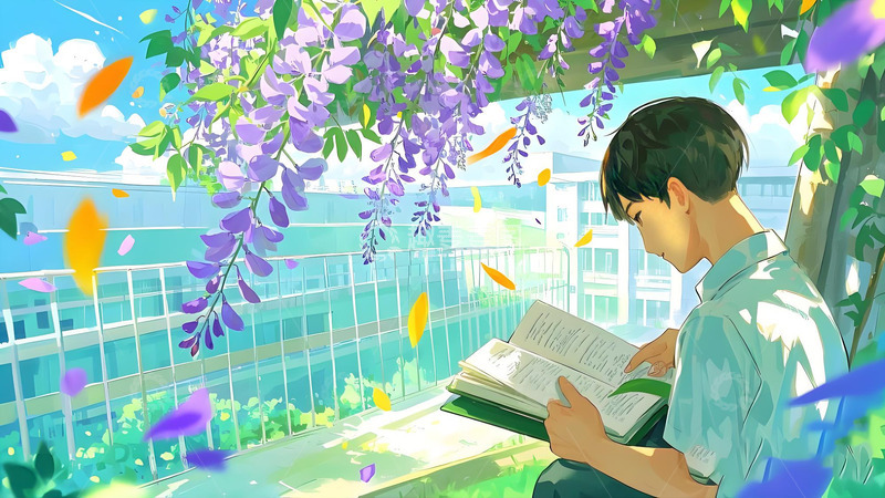 高清大图下载【趣麦麦图】男孩幻想中紫藤花下阅读场景