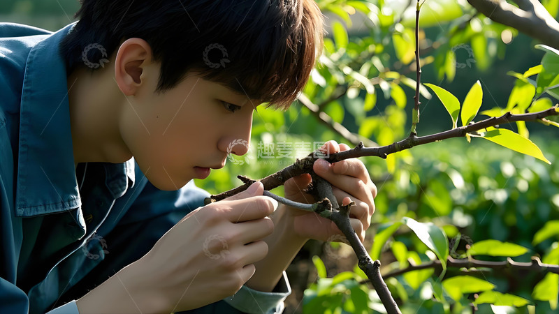 高清大图下载【趣麦麦图】年轻人观察植物细节场景