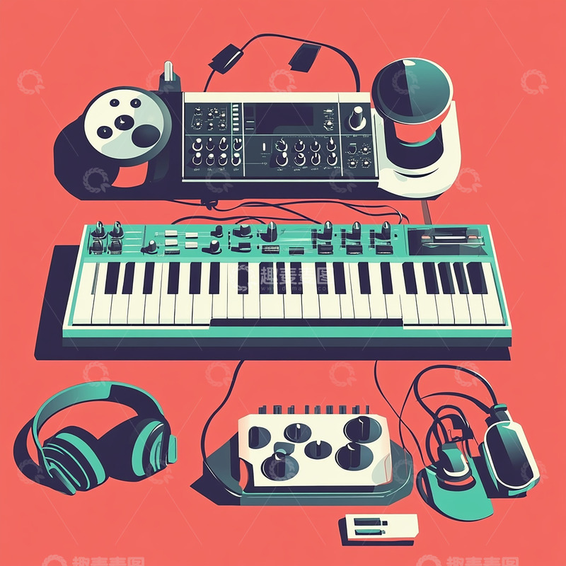 高清大图下载【趣麦麦图】扁平耳机电子琴插画素材