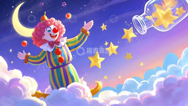 高清大图下载【趣麦麦图】卡通愚人节小丑星空插画背景2