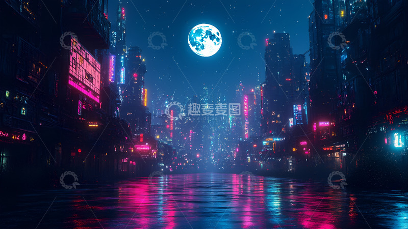 高清大图下载【趣麦麦图】赛博朋克的城市夜晚插画背景