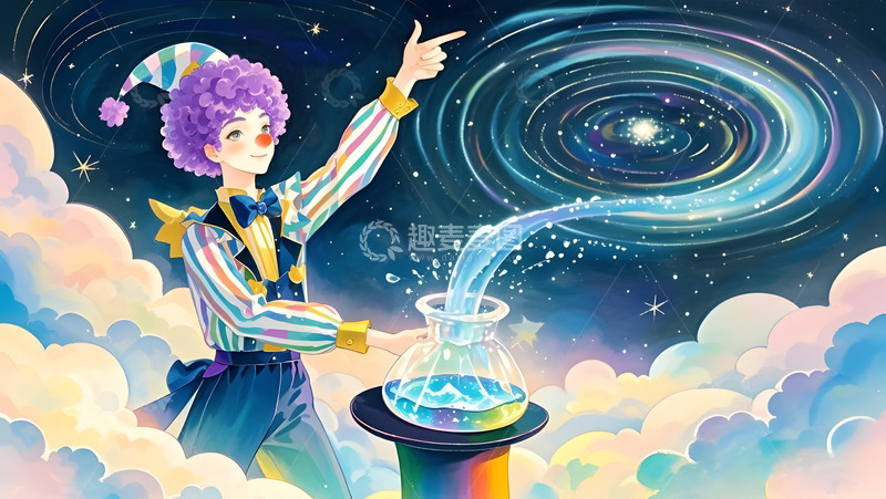 高清大图下载【趣麦麦图】卡通愚人节小丑星空插画背景1