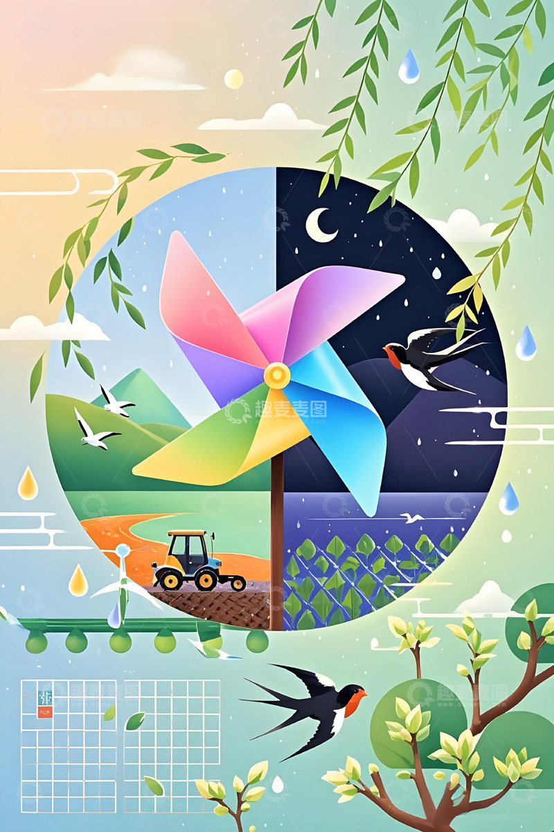 高清大图下载【趣麦麦图】春天春分节气海报壁纸素材高清农忙花鸟5