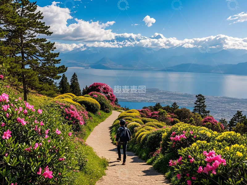 高清大图下载【趣麦麦图】苍山顶小径鲜花盛开美景