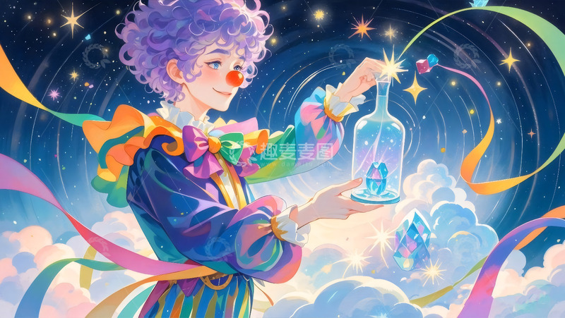 高清大图下载【趣麦麦图】卡通愚人节小丑星空插画背景