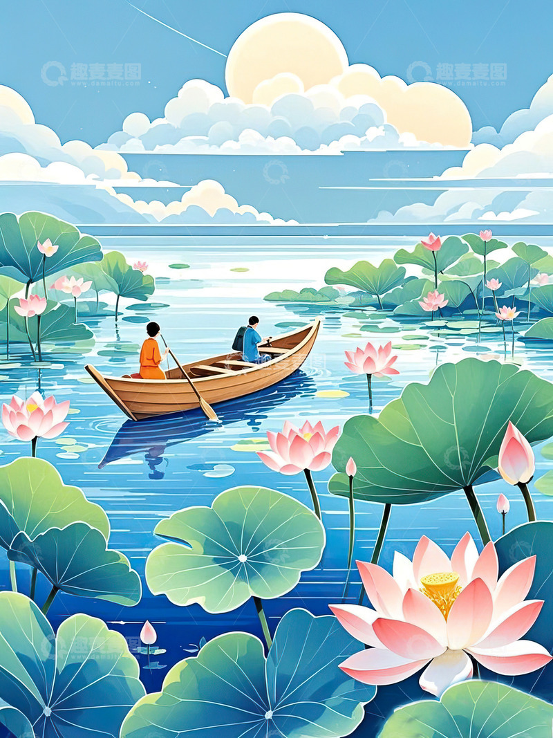 高清大图下载【趣麦麦图】夏日荷花插画夏至立夏素材18