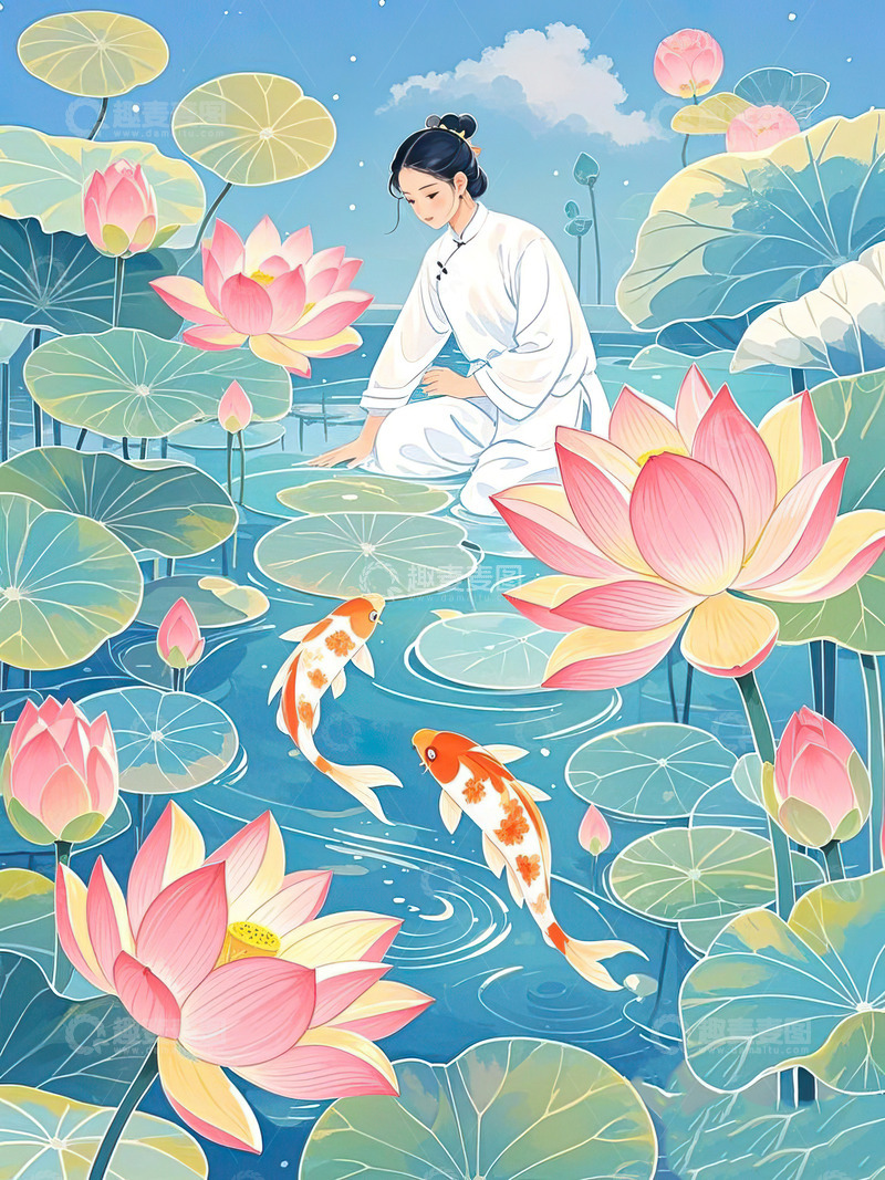 高清大图下载【趣麦麦图】夏日荷花与锦鲤插画夏至立夏素材2