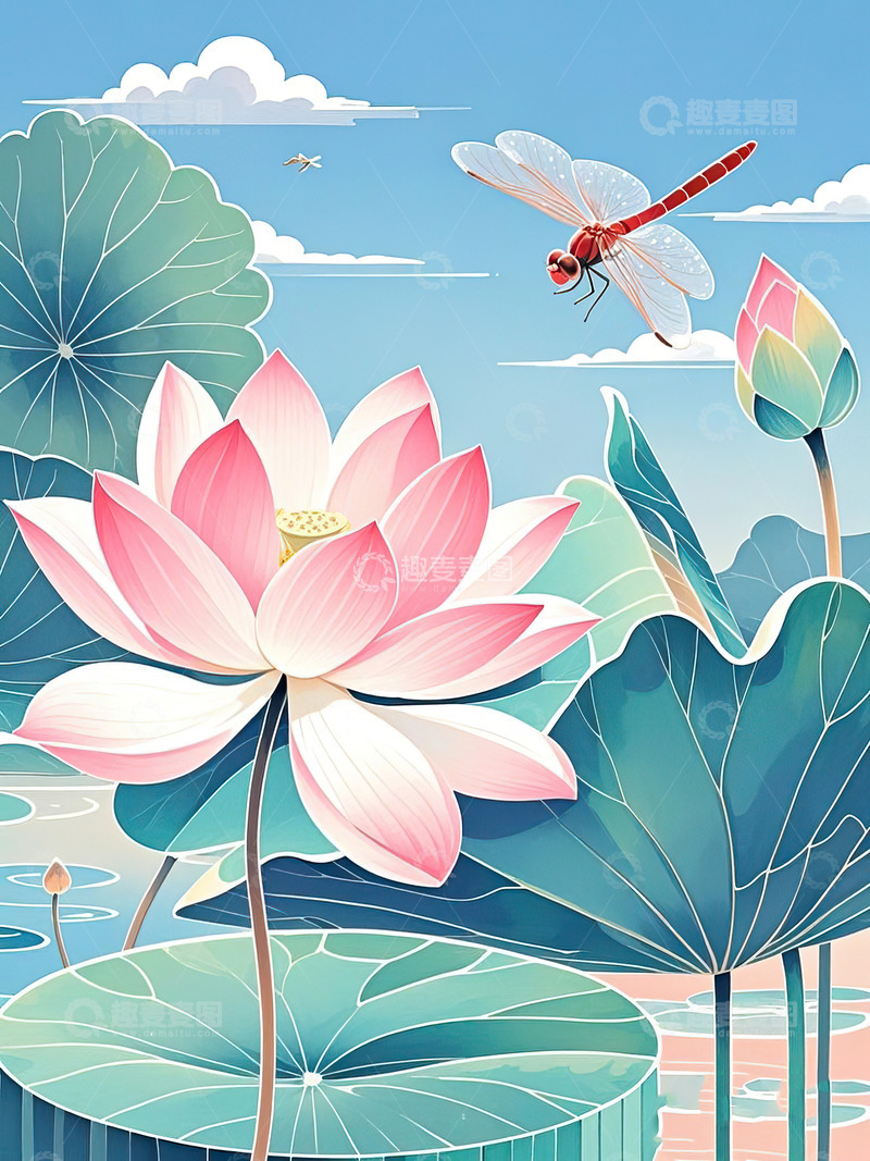 高清大图下载【趣麦麦图】夏日荷花与蜻蜓插画夏至立夏素材5