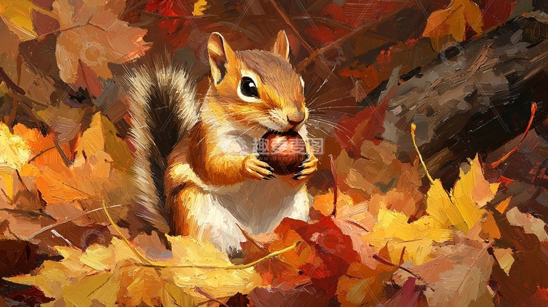高清大图下载【趣麦麦图】-秋天树叶中吃坚果的松鼠