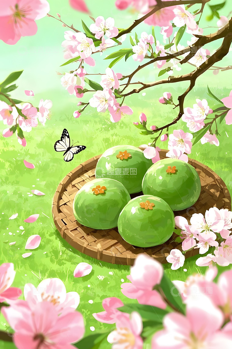高清大图下载【趣麦麦图】清明节春季青团插画背景1