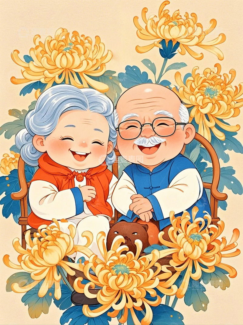 高清大图下载【趣麦麦图】重阳节人物老年人和菊花